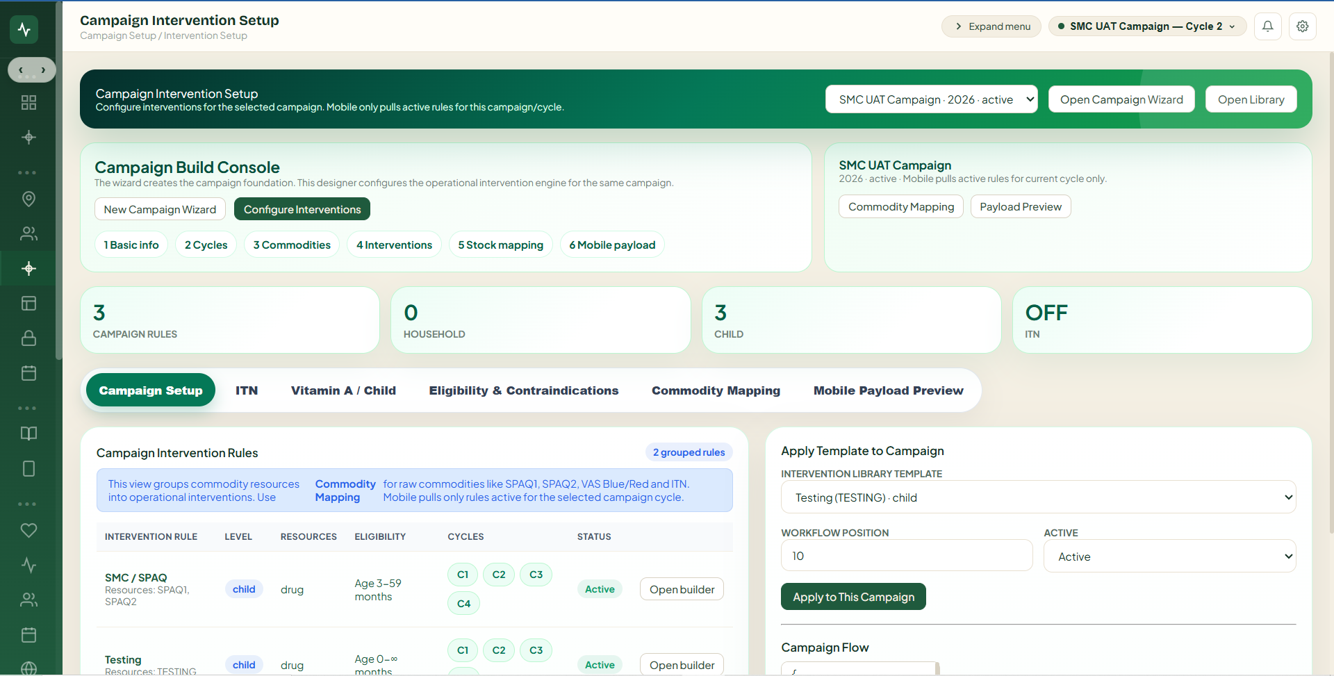 Campaign intervention configuration screen in TALA Campaigns