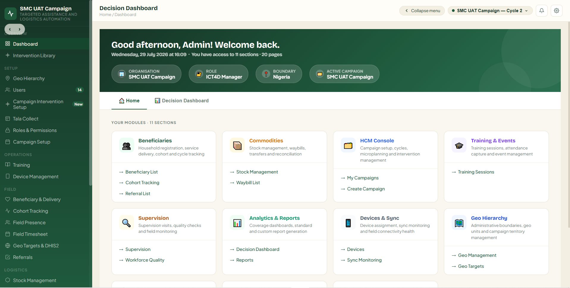 TALA Campaigns operations dashboard showing campaign modules
