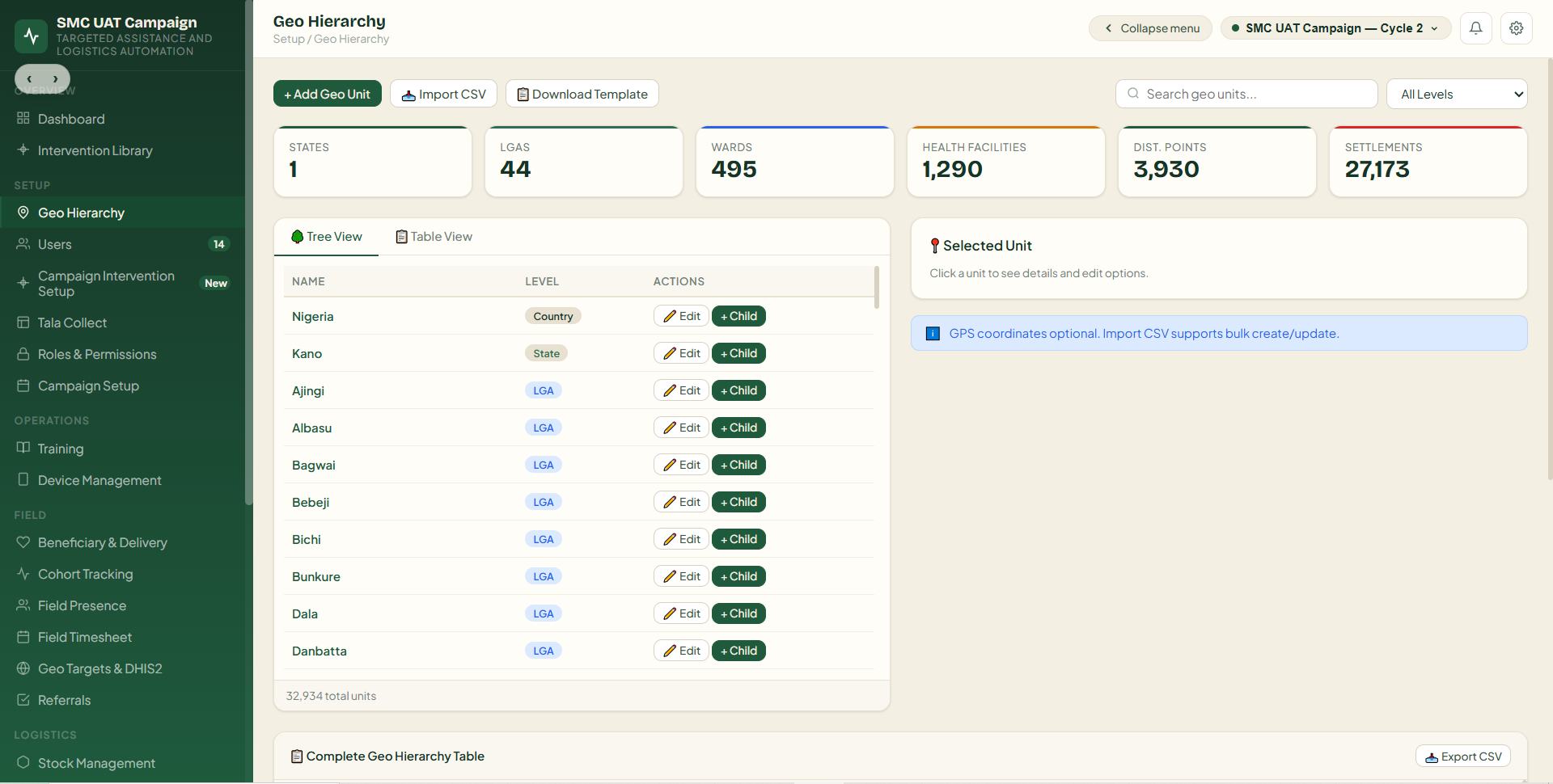 Geographic hierarchy management screen in TALA Campaigns