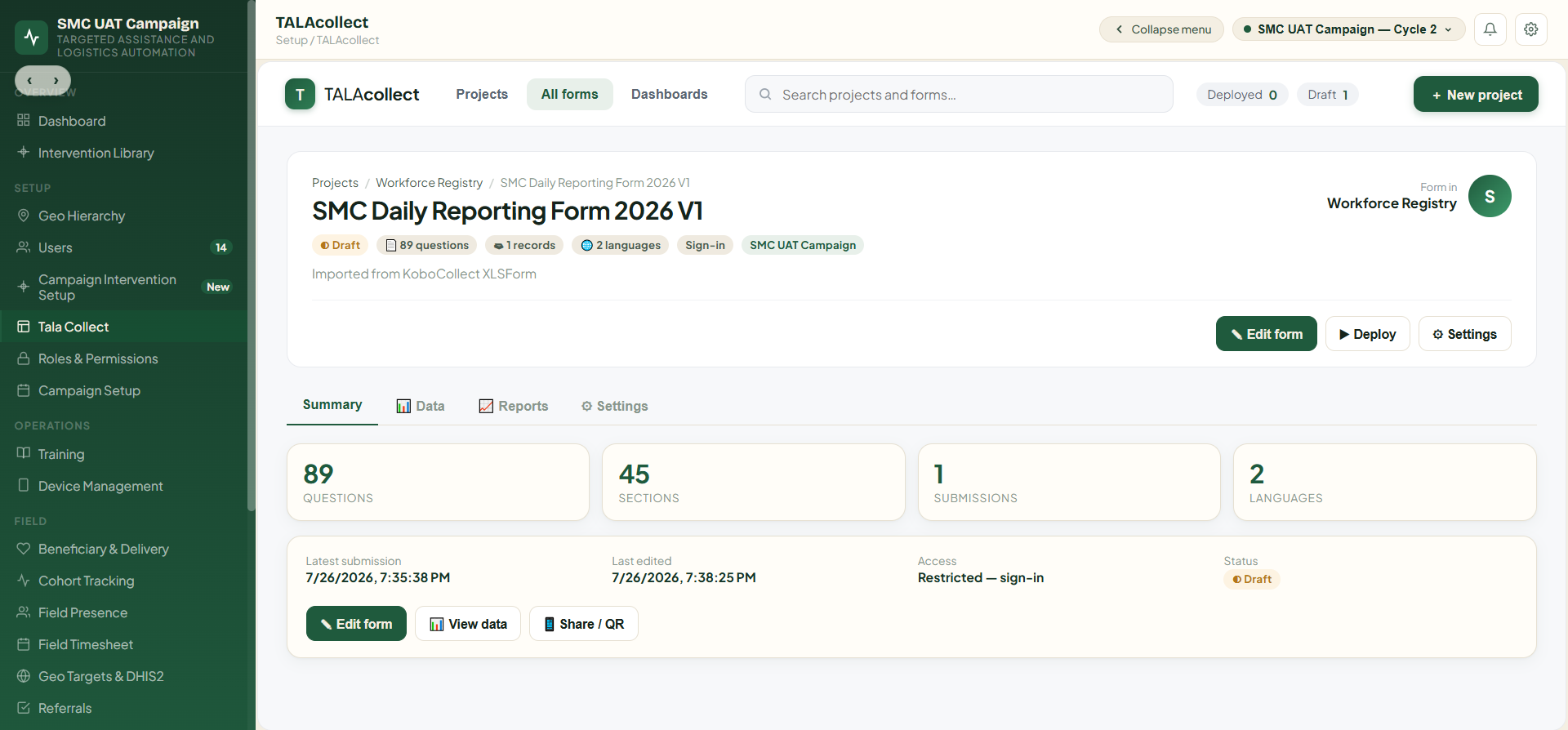 TALA Flow form workspace showing a complex reporting form
