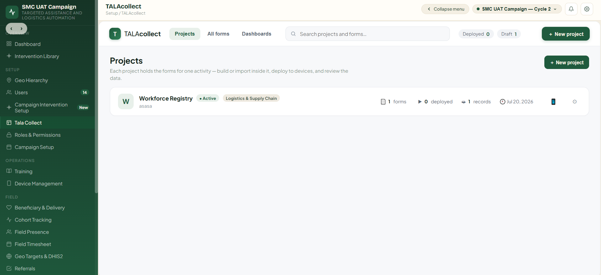 TALA Collect project and form management interface